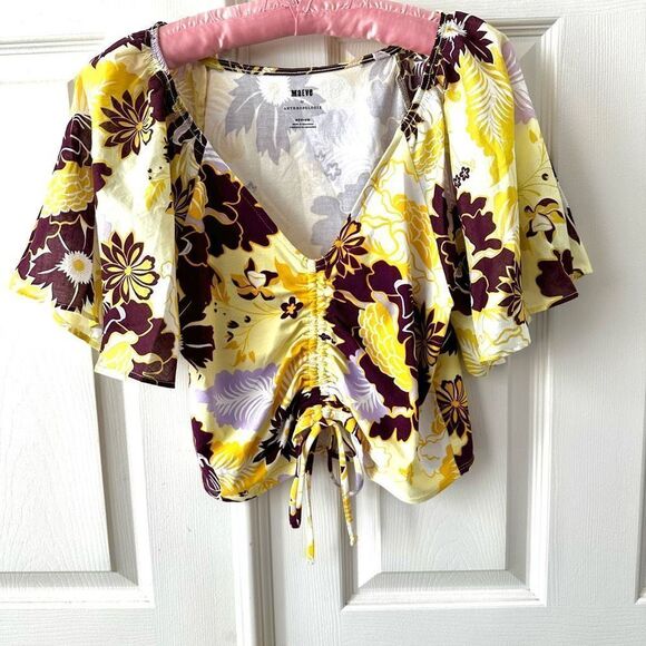 Maeve Anthropologie cinched yellow floral flutter  sleeve tie top - Picture 6 of 12